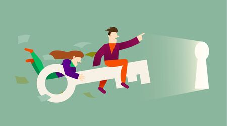 Cartoon characters fly on key into the keyhole. Teamwork. The key to the door. Vector illustrationのイラスト素材