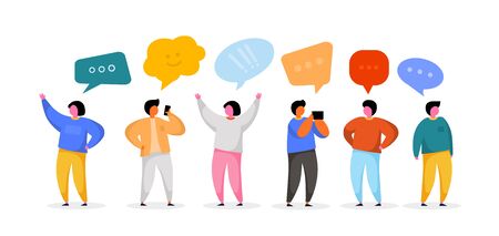 Social Network Template. Group of Young People Characters Chatting and speaking. Virtual Communication Concept. Vector illustrationのイラスト素材
