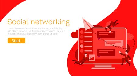 Group of small people doin conversation on social media or online chat application. Can be use for presentation, web, banner, landing page template. Vector illustrationのイラスト素材