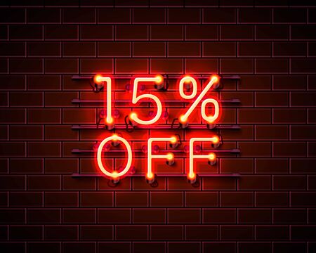 Neon 15 off text banner. Night Sign. Vector illustrationのイラスト素材