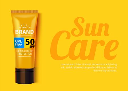 Sunblock ads template, sun protection cosmetic products design with moisturizer cream or liquid. Vector design.のイラスト素材