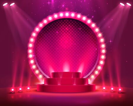 Stage podium with lighting, Stage Podium Scene with for Award Ceremony on red Background, Vector illustrationのイラスト素材