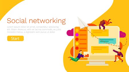 Group of small people doin conversation on social media or online chat application. Can be use for presentation, web, banner, landing page template.のイラスト素材