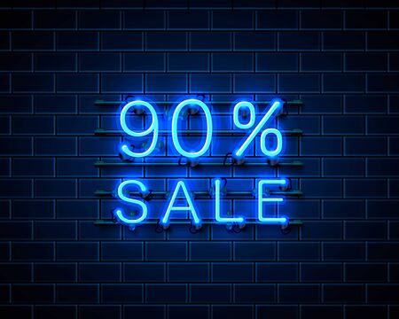 Neon 90 sale text banner. Night Sign. Vector illustrationのイラスト素材