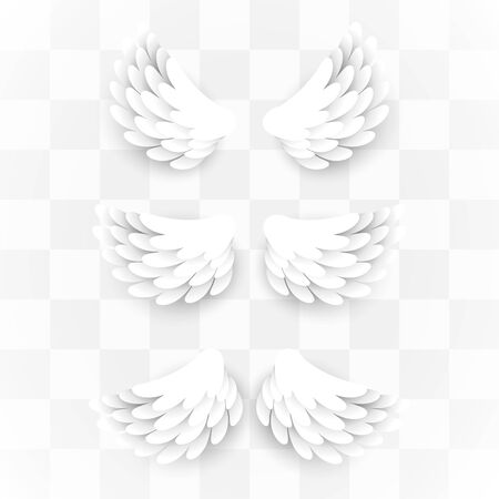 Artificial white paper wings set on transparent background. Vector illustrationのイラスト素材
