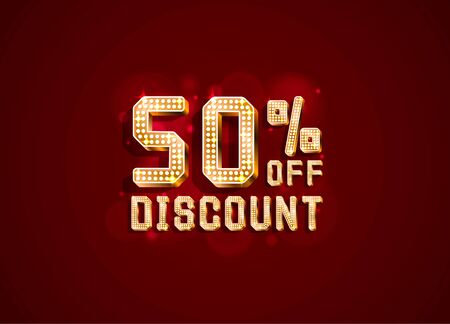 Neon 50 sale off text banner. Night Sign. Vector illustrationのイラスト素材