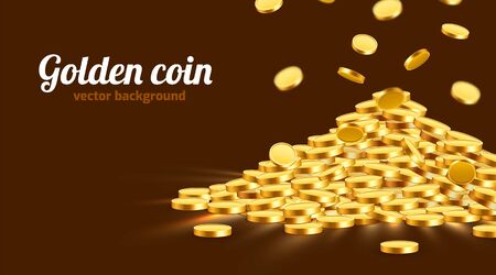 Gold shiny coins with star signs in heap. Big bunch of old metal money. Precious expensive treasure. Vector illustrationのイラスト素材