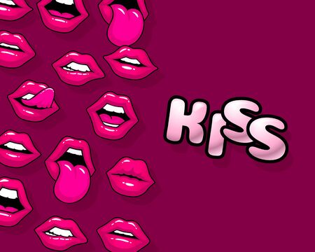 Kiss label sticker. A kiss of a message. Cover red lips, a collection of different shapes, texture background. Vector illustrationのイラスト素材