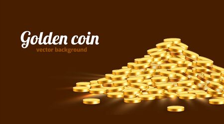 Gold shiny coins with star signs in heap. Big bunch of old metal money. Precious expensive treasure. Vector illustrationのイラスト素材