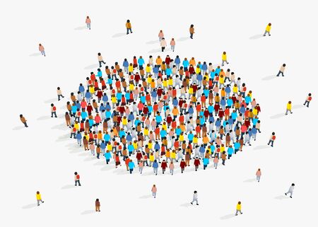 Illustrazione per Template for advertising brochure with people crowd in shape of circle. Vector illustration - Immagini Royalty Free