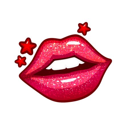 Kiss label sticker. Red lips and stars. Vector illustrationのイラスト素材