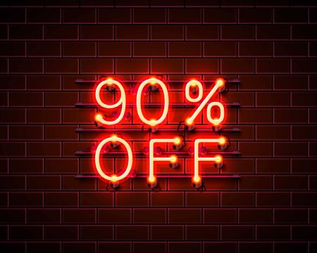 Neon 90 off text banner. Night Sign. Vector illustrationのイラスト素材