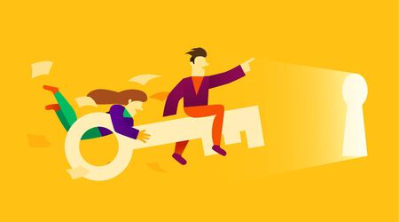 Cartoon characters fly on key into the keyhole. Teamwork. The key to the door. Vector illustration