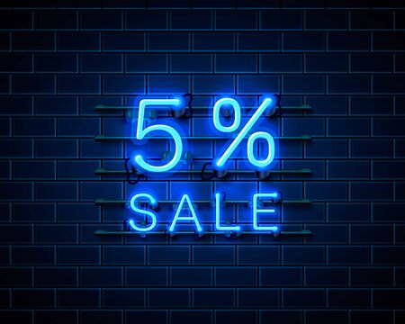 Neon 5 sale text banner. Night Sign. Vector illustrationのイラスト素材