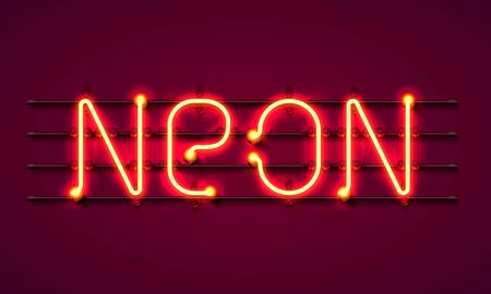 Neon text signboard on red background. Vector illustrationのイラスト素材