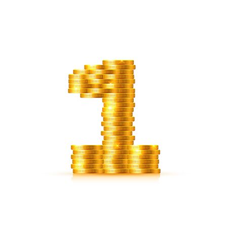 Vector font style made of golden coins. Coin numbers. Number 1. One. Vector illustrationのイラスト素材