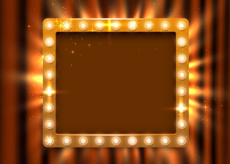 Retro light sign. Vintage style banner on curtain background. Show time concept. Vector illustrationのイラスト素材