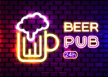 Retro neon Beer Bar sign on brick wall background. Neon design for bar, pub or restaurant business. Craft beer. Vector illustration.のイラスト素材