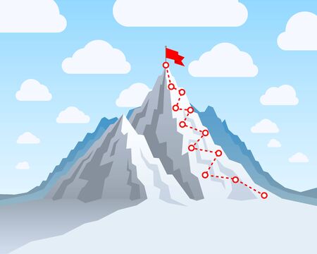 Hiking trip to the top of the mountain, In the blue sky. Vector illustrationのイラスト素材