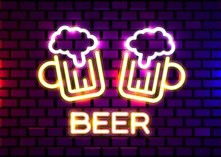 Retro neon Beer Bar sign on brick wall background. Neon design for bar, pub or restaurant business. Craft beer. Vector illustration.のイラスト素材