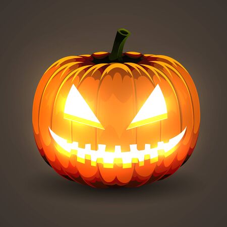 Halloween Pumpkin with glowing eyes on dark background. Vector illustration.のイラスト素材