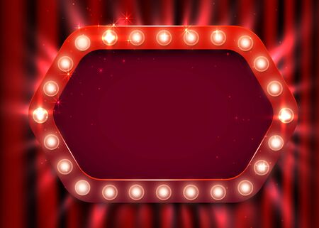 Retro light sign. Vintage style banner on curtain background. Show time concept.のイラスト素材