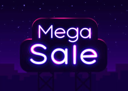 Neon sign, Mega Sale on dark background. Discount Background for your design, greeting card, banner. Vector illustrationのイラスト素材