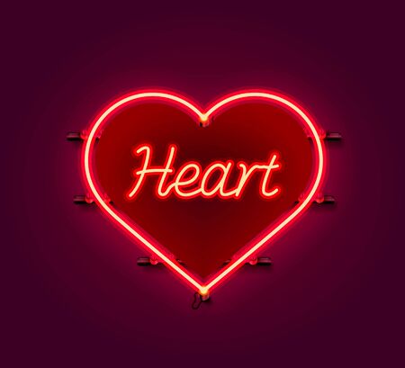 Neon heart signboard on the red background. Vector illustrationのイラスト素材