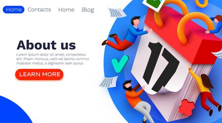 Modern banner template with tiny people and giant calendar. Planning schedule concept banner with characters. Time management, planning events and organization. Website template. Vector illustrationのイラスト素材