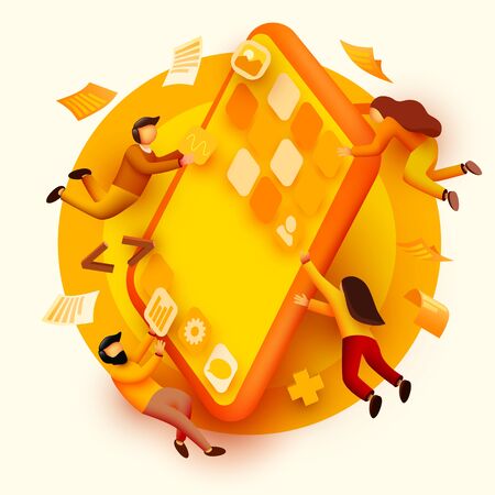 Modern banner template with tiny people and giant smartphone. mobile app design. User interface development concept - small people building applications. Vector illustrationのイラスト素材