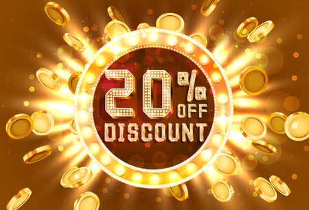 Golden frame 20 sale off text banner. Money explosion gold. Vector illustrationのイラスト素材