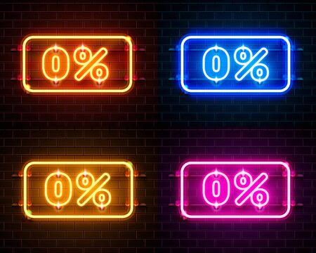 Neon 0 off text banner color set. Night Sign. Vector illustrationのイラスト素材