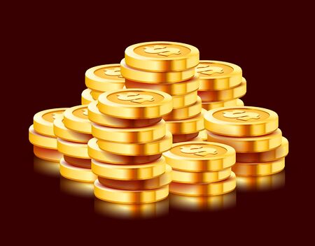 Growing stack of golden dollar coins isolated on dark background. Economics concept. Vector illustrationのイラスト素材