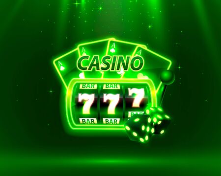 Casino Neon cover, slot machines and roulette with cards, Scene background art. Vector illustrationのイラスト素材
