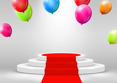 Stage Podium Scene for Award Ceremony illuminated with spotlight, red carpet and flying balloons. Award ceremony concept. Stage backdrop. Vector illustrationのイラスト素材