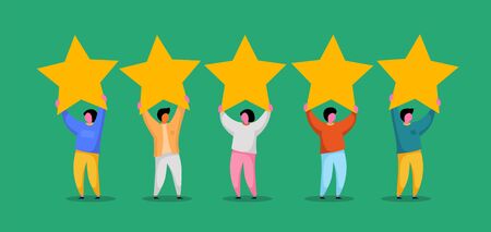 Five stars rating flat style vector concept. People are holding stars. Feedback consumer or customer review evaluation, satisfaction level and critic background. Vector illustrationのイラスト素材
