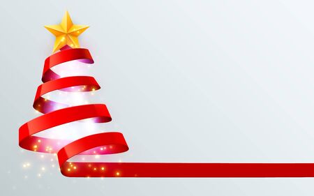 Christmas tree made of red ribbon on bright background. New year and christmas greeting card or party invitation. Vector illustration.のイラスト素材