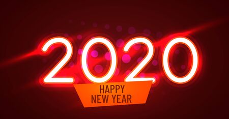 2020 Happy New Year Neon Text. 2020 New Year Design template for Seasonal Flyers and Greetings Card and Christmas themed invitations. Light Banner. Vector Illustrationのイラスト素材