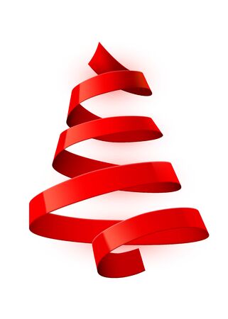 Christmas tree made of red ribbon on bright background. New year and christmas greeting card or party invitation. Vector illustration.のイラスト素材