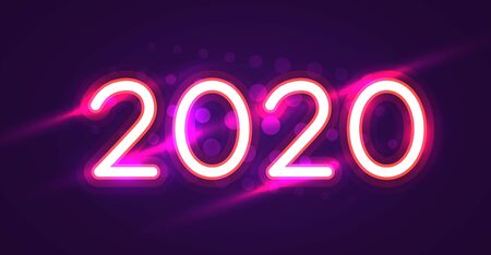 2020 Happy New Year Neon Text. 2020 New Year Design template for Seasonal Flyers and Greetings Card and Christmas themed invitations. Light Banner. Vector Illustrationのイラスト素材