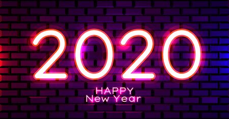 2020 Happy New Year Neon Text. 2020 New Year Design template for Seasonal Flyers and Greetings Card and Christmas themed invitations. Light Banner. Vector Illustrationのイラスト素材