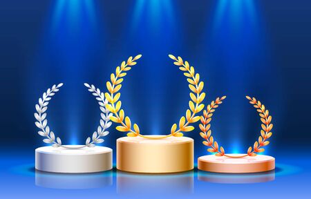Stage podium with lighting, Stage Podium Scene with for Award Ceremony on blue Background. Vector illustrationのイラスト素材