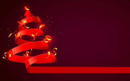 Christmas tree made of red ribbon. New year and christmas greeting card or party invitation. Vector illustration.のイラスト素材