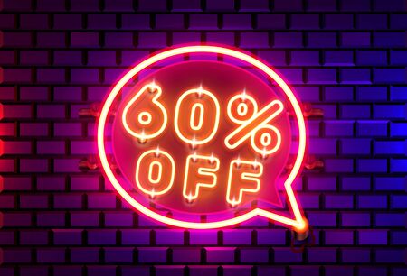 Neon chat frame 60 off text banner. Night Sign board. Vector illustration