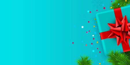 Present box with red ribbon and Christmas tree branch. Vector illustrationのイラスト素材