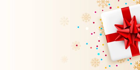 Present white box with red ribbon. Holiday card design decoration element. Vector illustration.のイラスト素材