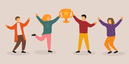 Group of young people with champion cup background. Happy positive men and women celebrating victory and rejoicing together. Successful teamwork. Flat vector illustration.のイラスト素材