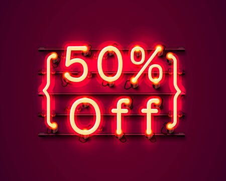 Neon frame 50 off text banner. Night Sign board. Vector illustrationのイラスト素材