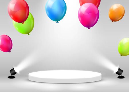 Stage Podium Scene for Award Ceremony illuminated with spotlight and flying balloons. Award ceremony concept. Stage backdrop. Vector illustrationのイラスト素材