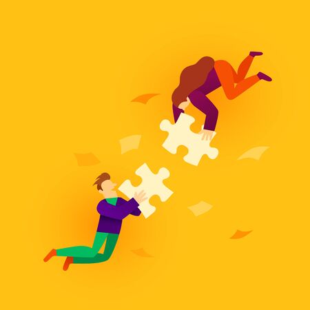 Two flat style cartoon people connecting puzzle elements. Business, teamwork and partnership concept. Vector illustrationのイラスト素材